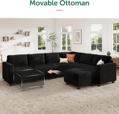 HONBAY Corduroy Sectional Couch with Storage U Shaped Sectional Sofa Modular Sectional Couches for Living Room, Black