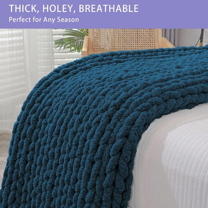 Bigacogo Chunky Knit Throw Blanket for Couch, 40x80 inches, 100% Hand Knitted with Thick Jumbo Chenille Yarn, Cozy Soft Large Rope Knot Cable Crochet Blankets for Sofa Bed Living Room, Deep Sea Blue