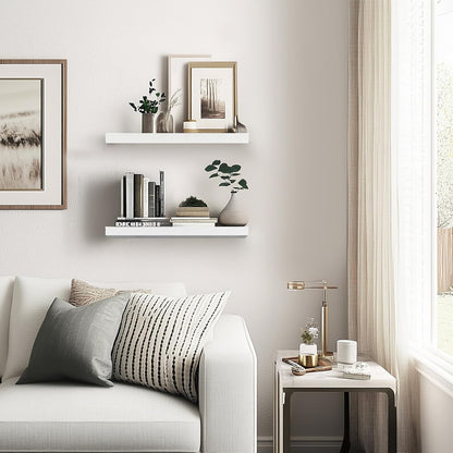 Floating Wall Shelves - 16"x6.8"x1.2" Sturdy Rustic White Solid Wood Shelves for Storage and Décor, Easy Installation for Living Room, Bedroom, and Kitchen - 2 Pack