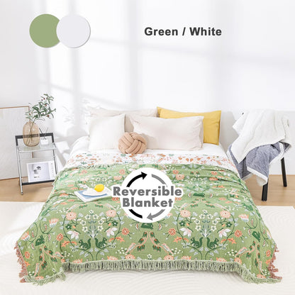 MSGKV Cotton Bed Blanket for Couch and Sofa Blankets for Living Room Bedroom Reversable Florals and Animals Throw 80"x90" Breathable Cozy Boho Blankets