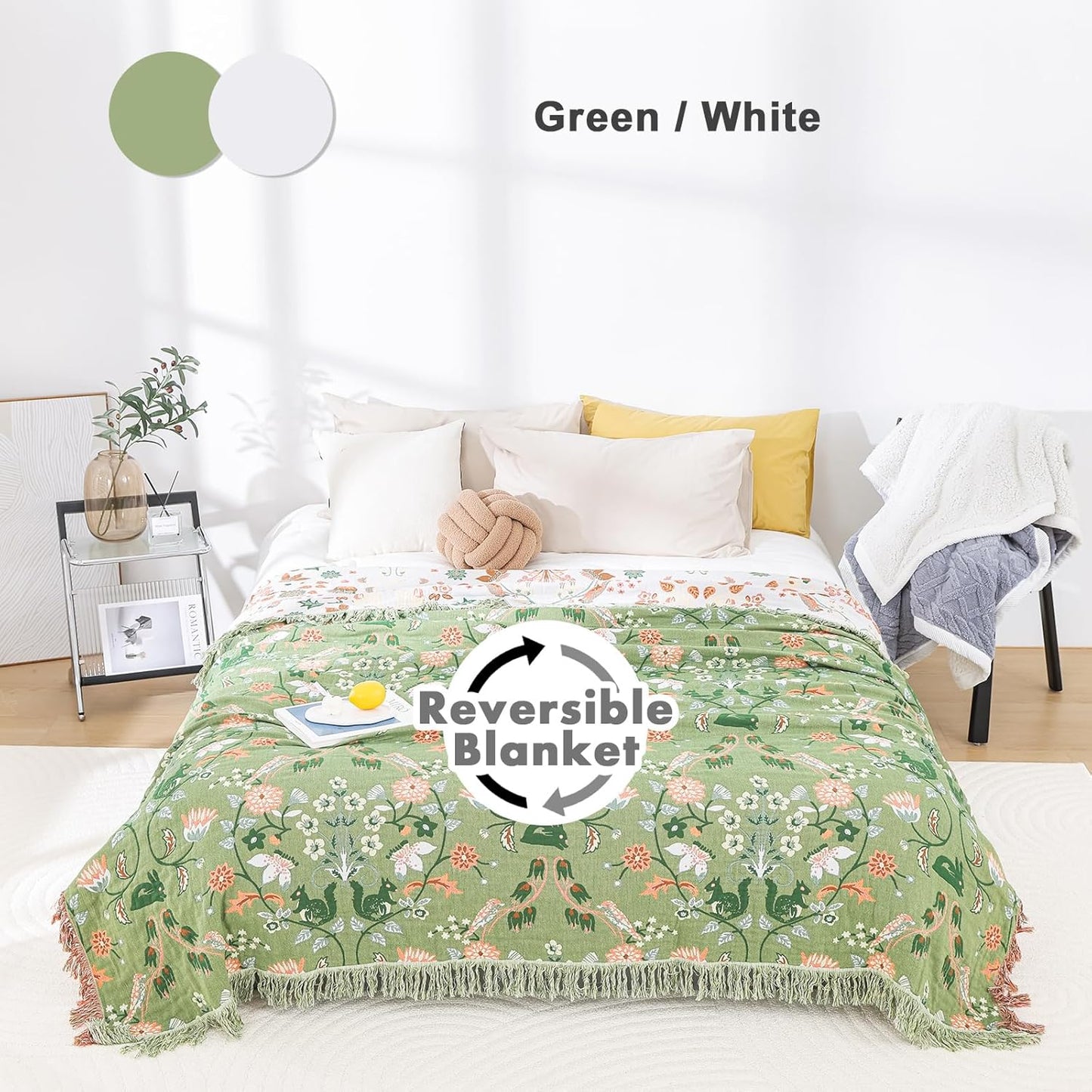 MSGKV Boho Throw Blanket for Couch and Sofa Cotton Blankets for Living Room Bedroom Reversable Florals and Animals Throw 60"x80" Breathable Cozy Blankets