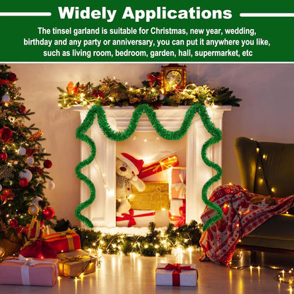 25 Feet Metallic Twist Tinsel Garland Backdrop for Parade Floats, Christmas Eve, New Year, Valentine's Day Party Decorations (Green, 4in x 25ft)