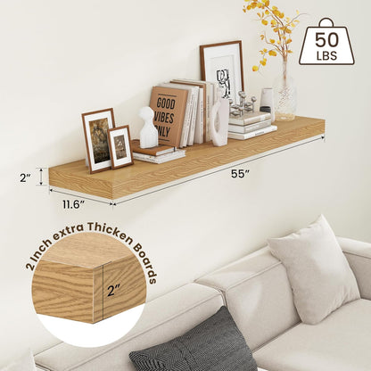 Deep Floating Shelves for Wall - 55 Inch Wide x 12 Inch Deep Wall Shelves Set of 1 - Rustic Oak Color Wood Shelves for Living Room, Bathroom, Laundry Room, Bedroom, Kitchen, Home Office