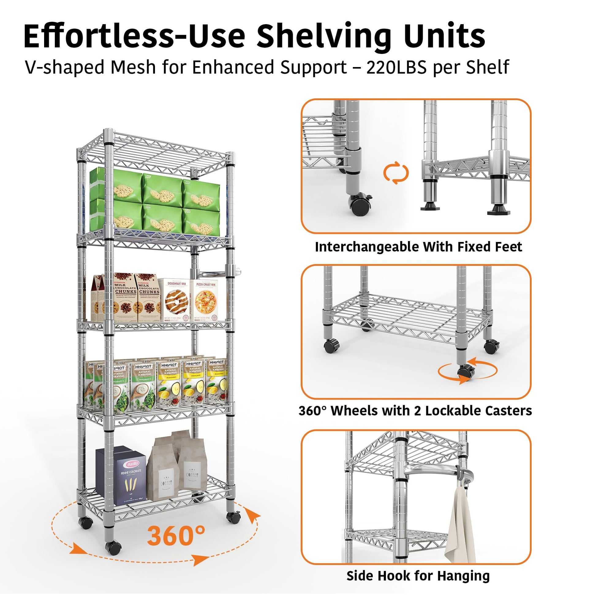 PeacefulHues 5-Tier Storage Shelves with Wheels and Adjustable Shelf, 1100 LBS Loading Capacity