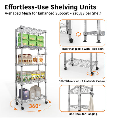 PeacefulHues 5-Tier Storage Shelves with Wheels and Adjustable Shelf, 1100 LBS Loading Capacity