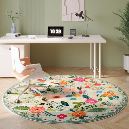 Round Rug 4ft Washable Circle Rug Non Slip Low Pile Boho Floral Small Circular Rug for Bedroom, Bathroom, Entryway, Kids Room, Office, College Dorm(Green)