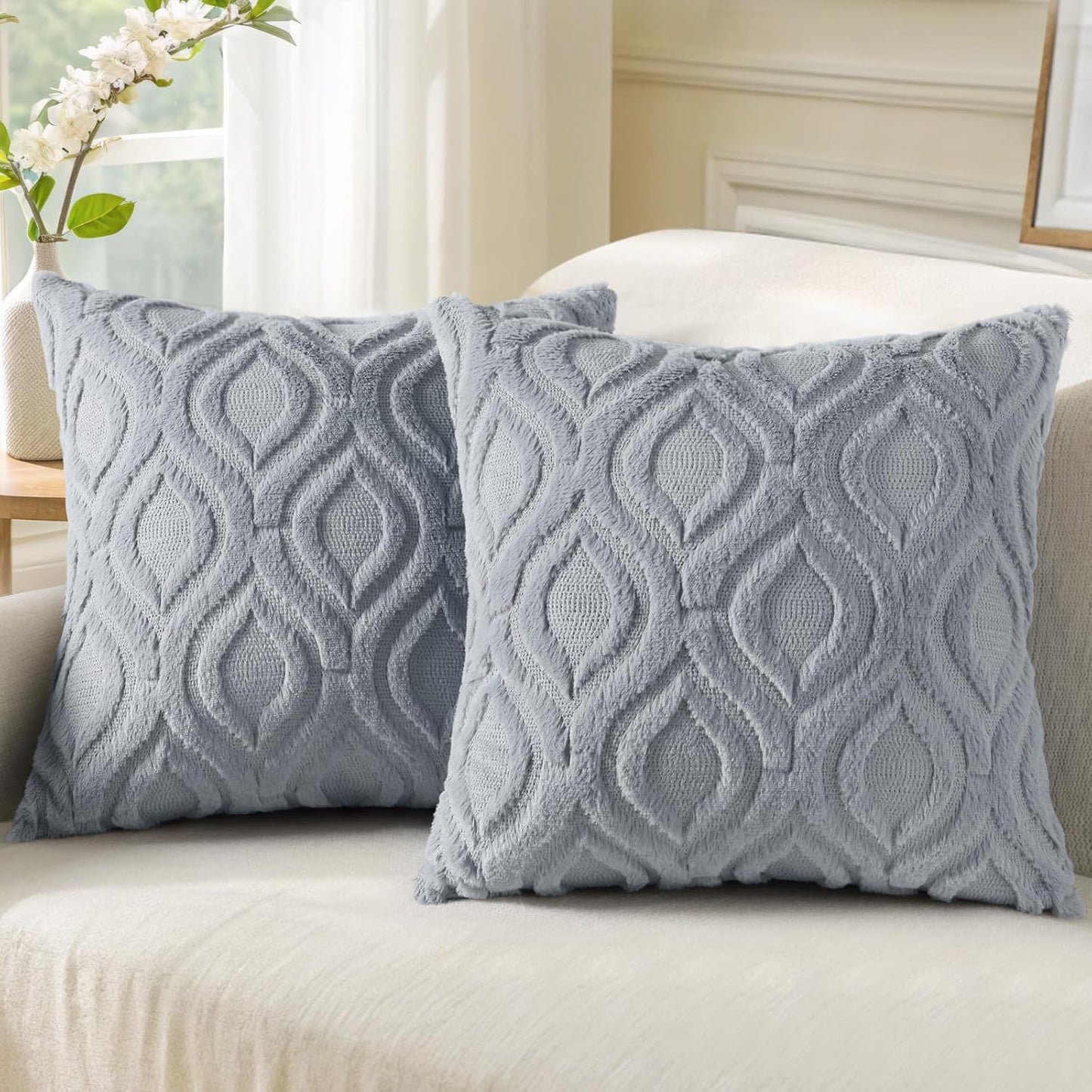 decorUhome Fall Throw Pillow Covers 22x22 Inch Set of 2, Soft Plush Decorative Faux Fur Blue Grey Solid Couch Pillow Covers, Accent Farmhouse Neutral Square Euro Pillow Cases for Sofa Bed Living Room