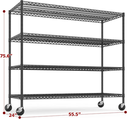 REIBII 55.5''W Storage Shelves 2500LBS Wire Shelving Rack with Wheels 75.6" H Heavy Duty Shelving Unit Adjustable Metal Shelves for Storage Rack Shelving for Kitchen Pantry 2PCS