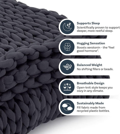 Nuzzie Chunky Knit Blanket - Breathable, Cooling, Hand Made Knit Throw Blanket for Sleep - Machine Washable, Stylish Decor Design (Charcoal, Full | 16lbs | 48"x72")