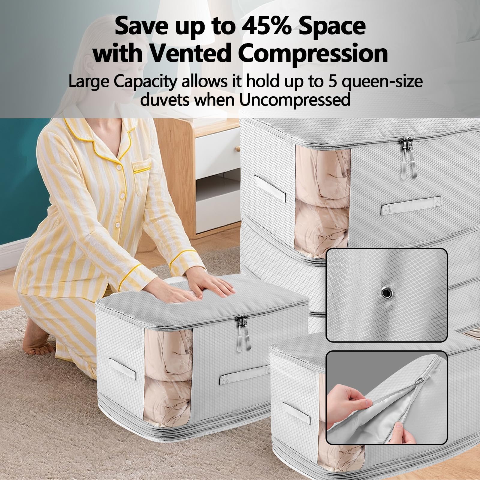 4 Pack Space Saving Comforter Storage Bag with Handle, 3-Layer Compression Blanket Storage Bags