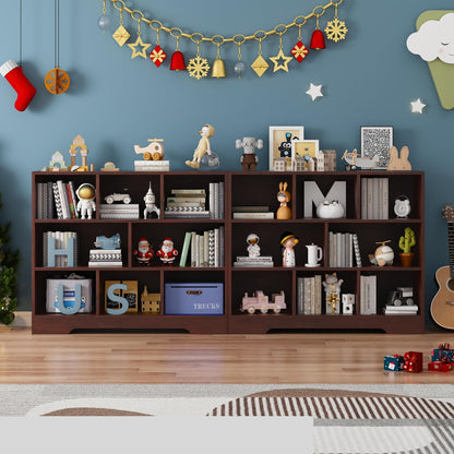 Book Shelf Set of 2, 8 Cubes Storage Organizer, 3-Tier Open Bookshelf Wooden Bookcase, Freestanding Cherry Bookshelf Cube Shelf for Living Room