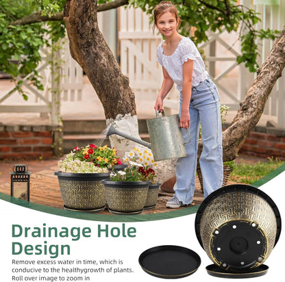 4 Pack 12 Inch Plant Pots,Large-Plant-Flower-Planters-Plastic, Flower Pots Outdoor Indoor with Drainage Holes & Trays, Retro Antique Imitation Decorative Garden Sets for Houseplants
