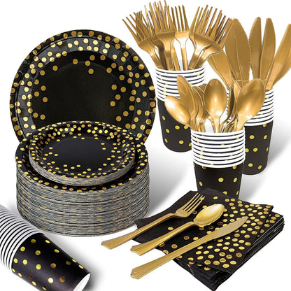 AIRE 350PCS Black and Gold Paper Plates Party Supplies for 50 Guests Party Decorations Disposable Dinnerware Golden Dot Paper Plates Napkins Cups Gold Plastic Forks Knives Spoons for Birthday Wedding