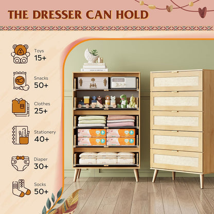 WLIVE Rattan Dresser for Bedroom, 5 Drawer Wood Boho Dresser Storage with Gold Metal Handle, Chest of Drawers for Living Room, Closet, Hallway, Light Oak
