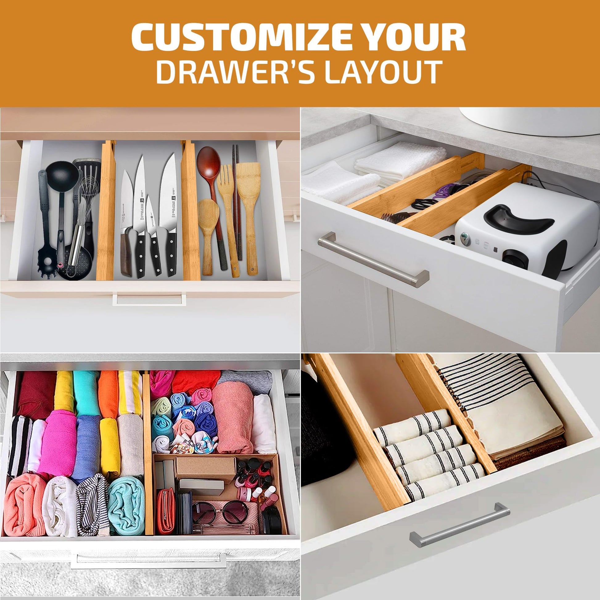 Bambüsi 4-Pack Drawer Divider - 2.6" High, 16" to 22" Adjustable Bamboo Drawer Organizers for