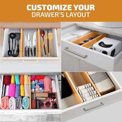 Bambüsi 4-Pack Drawer Divider - 2.6" High, 16" to 22" Adjustable Bamboo Drawer Organizers for