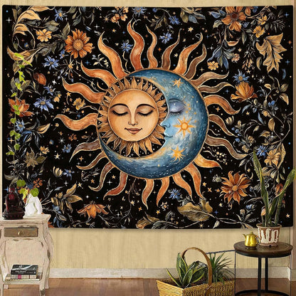 Aipon Sun and Moon Tapestry for Bedroom Boho Vintage Floral Hippie Wall Tapestry Aesthetic Retro Flower Plant Large Tapestries Wall Hanging for Living Room Dorm Decor 80 x 60 Inch