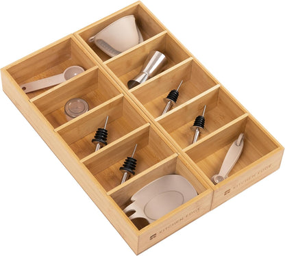 Premium Kitchen Utensils and Junk Drawer Organizer – Small 5-Compartment Design with 4 Removable Dividers, Non-Slip Feet, 100% Sustainable Bamboo, 2 Pack