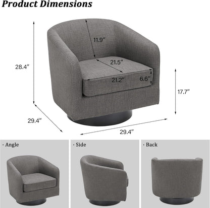 Swivel Barrel Accent Chair, Modern Round Linen Arm Chair for Living Room, Bedroom, Comfy Club Reading Chairs for Adults（Linen Fabric, Grey, Set of 4