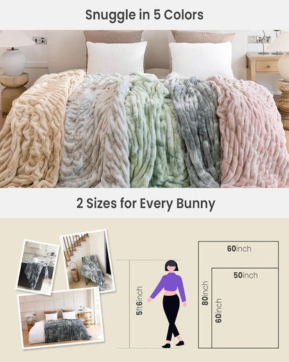 Faux Fur Blanket, Twin Size Oversized Throw Blanket for Couch, Fluffy Blanket with Stretch Ruched Design, Ultra Soft Giftable Home Decor, 60x80 inches, Tie-Dyed in Gray