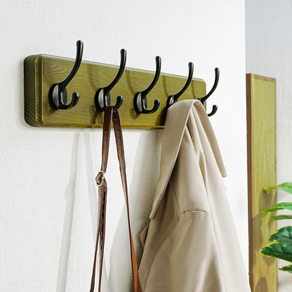 Dseap Coat Rack Wall: Patented, Heavy-Duty, 5-Double-Hooks Wooden Wall Mounted Coat Rack Coat Hanger Hook Rail for Winter Coats Hat Jacket Clothing, Weathered Green, Pack of 2