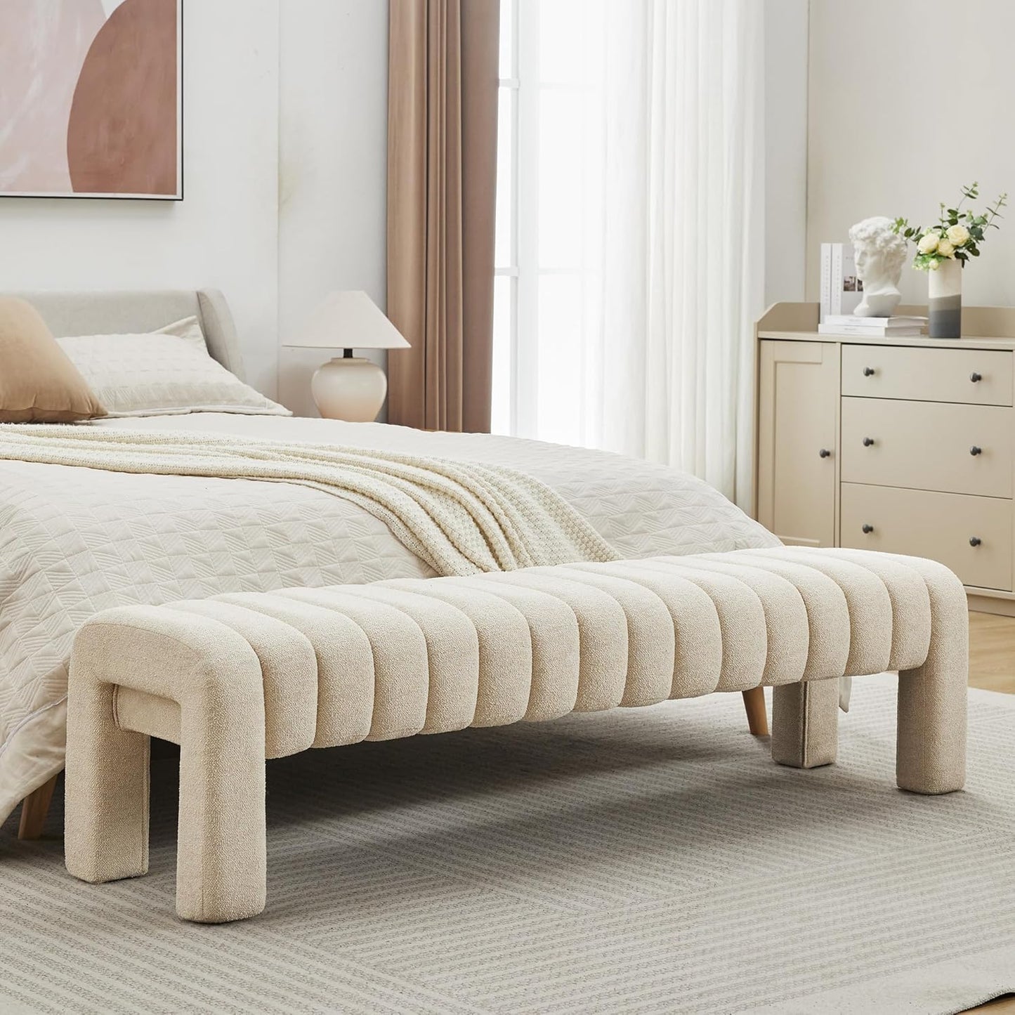 63" Bedroom Bench, Upholstered Entryway Bench, Modern End of Bed Ottoman with Solid Wood Legs and Adjustable Foot Pegs for Entryway, Dining Room and Living Room (Beige Linen)