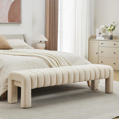 63" Bedroom Bench, Upholstered Entryway Bench, Modern End of Bed Ottoman with Solid Wood Legs and Adjustable Foot Pegs for Entryway, Dining Room and Living Room (Beige Linen)