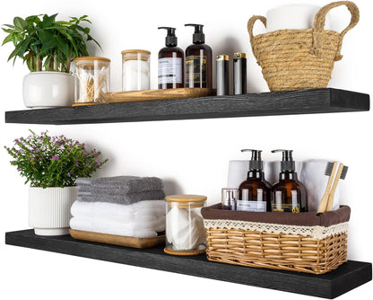 BGMG Wood Floating Shelves 36 inch Long,Wide Rustic Wooden Wall Shelves for Bathroom Living Room Bedroom Kitchen Farmhouse Set of 2-36x6.7x1.25 inch-Black