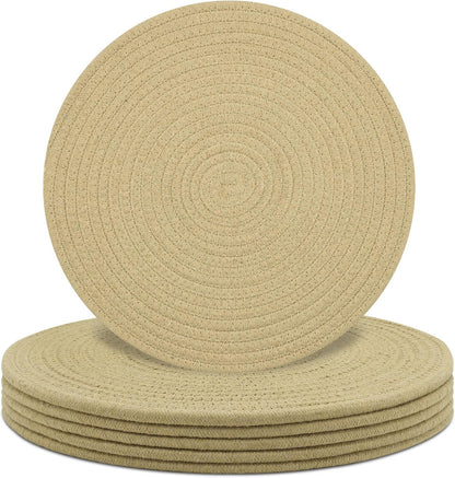 Round Placemats Set of 6, Cotton Rope Woven Table Mats, Hot Pads for Kitchen, Non Slip Heat Resistant Place Mats, 13 Inches Braided Placemat for Farmhouse Decor and Kitchen Table Decor (Khaki)