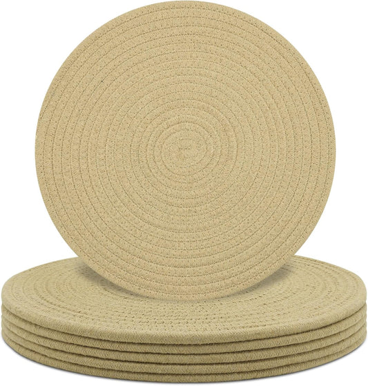 Round Placemats Set of 6, Cotton Rope Woven Table Mats, Hot Pads for Kitchen, Non Slip Heat Resistant Place Mats, 13 Inches Braided Placemat for Farmhouse Decor and Kitchen Table Decor (Khaki)