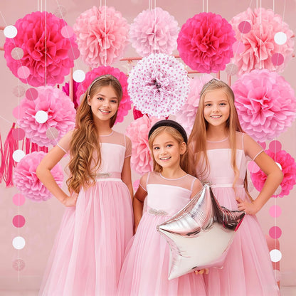 Pink Party Decorations,16 PCS Tissue Paper Pom Poms Dots Paper Garland Hanging Decoration for Pink Theme Birthday Decorations Bridal Shower Wedding Engagement Gender Reveal Celebration
