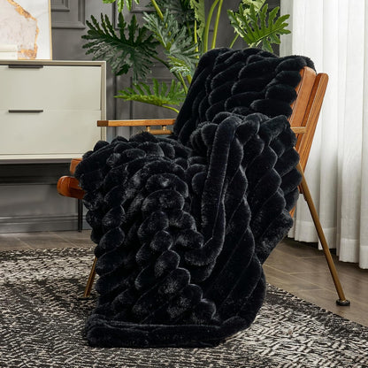 Cozy Bliss Faux Fur Throw Blanket for Couch, Cozy Warm Plush Striped Blanket for Sofa Bedroom Living Room,60 * 80 Inches Black