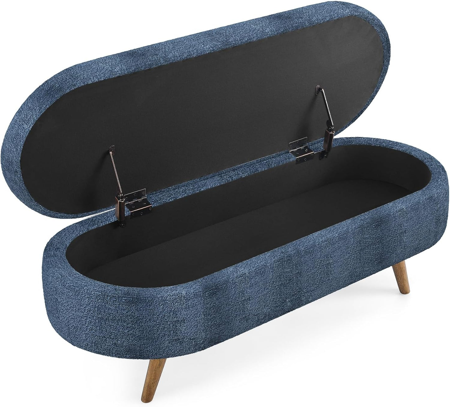 Oval Storage Bench 43.5" Linen Fabric Upholstered Entryway Bench with Solid Wood Legs Ottoman Bench Indoor Bench for Living Room/Bedroom/End of Bed/Entryway (Blue)