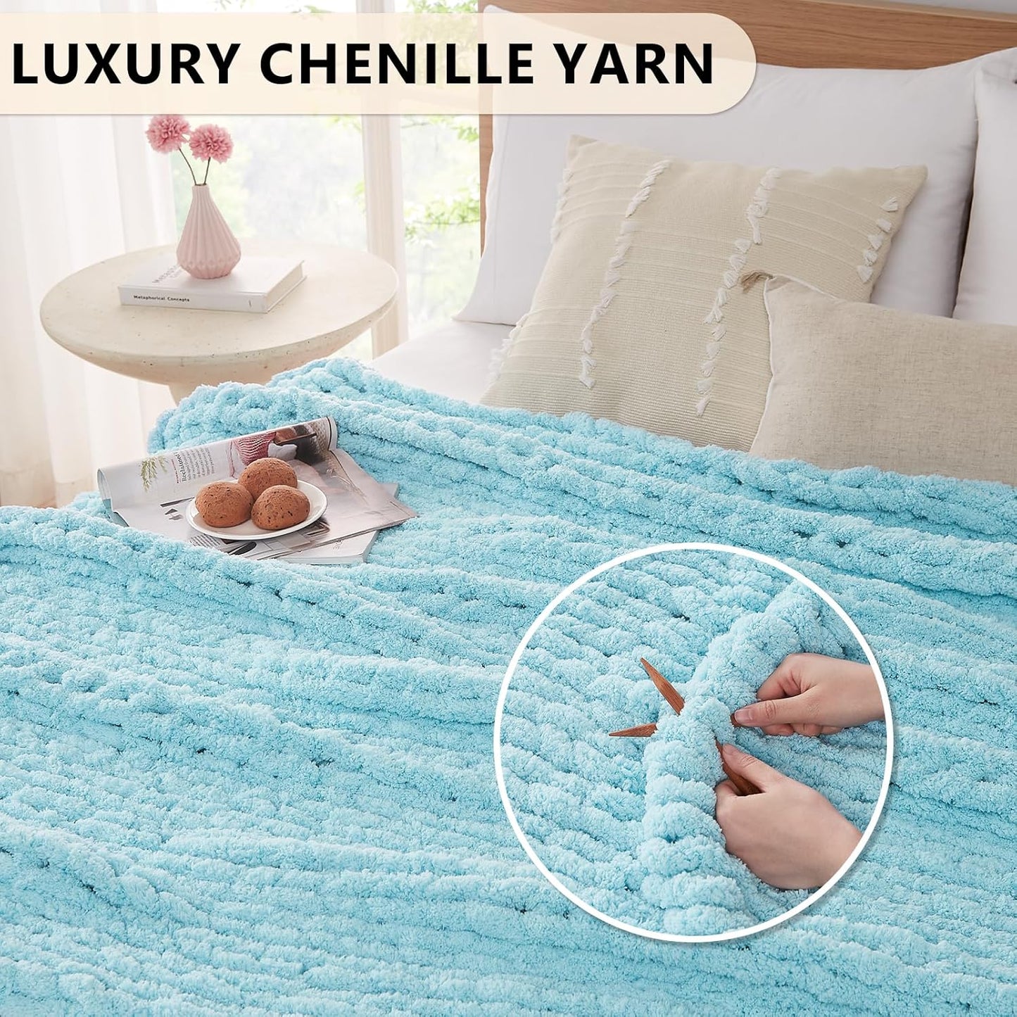 L'AGRATY Chunky Knit Blanket Throw - Soft Chenille Yarn Throw Blanket 30x40：Handmade Thick Cable Knit Crochet Blanket - Large Knit Blanket Chunky Rope Knot Throw Blanket for Couch Sofa Bed Home Decor