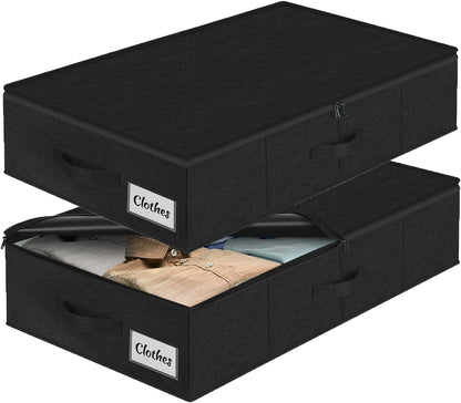 Under Bed Storage Container Bins 2 Pack, Low Profile Foldable Underbed Clothes Storage Organizer W/ Ultra Thick Fabric and Sturdy Bottom/Sides, Dual Zipper Storage Box for Dorm and Home 30x16x6.7"