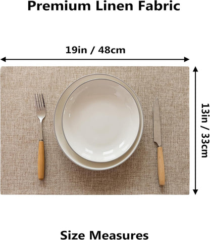 Demetex Table Placemats Linen Place Mats Set of 8 Natural Heat Resistant Cloth Plate Mats for Indoor Dining Room Restaurant Cafe, 13x19 inch, Linen