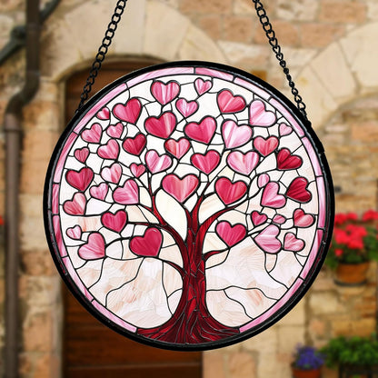 Stained Glass Window Hanging, Valentine's Day Gifts Pink Love Heart Tree Suncatcher Hangings Beige Sun Catchers Decor for Birthday for Women, Men, Wife, Aunt, Mom 6.3 in