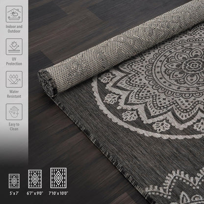 CAMILSON Outdoor Rug 5x7 Modern Area Rugs for Indoor and Outdoor Patios and Porches - Waterproof Washable Non-Shedding Easy-to-Clean Outside Carpet (5 x 7, Medallion - Dark Grey/Light Grey)
