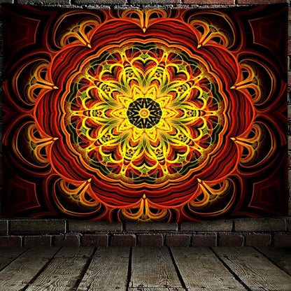 Blacklight Mandala Tapestry Wall Hanging, Psychedelic Black Light Posters for Adults and Teens, UV Reactive Aesthetic Golden Art for Bedroom (60 x 50 Inches)