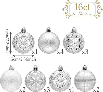 Valery Madelyn Ornaments for Christmas Trees, 16ct 2.36 Inches White and Silver Shatterproof Christmas Tree Decorations, Luxury Hanging Ball Ornaments for Xmas Holiday Party Decor