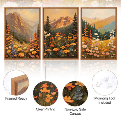 Aurlan Boho Mountain Sunset Landscape Framed Wall Art(16"x24"), 3PCS Large Wildflowers Meadow Canvas Artwork, Colorful Abstract Watercolor Nature Forest Scenery Decor for Home Office Bedroom