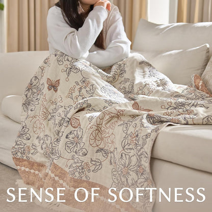 JINCHAN Boho Floral 100% Cotton Blanket 4-Layer Throw Blanket with Tassel Taupe and White Flower Butterfly Soft Luxury Rustic Farmhouse Decor Blanket for Couch Bed 60x80 inch All Season gift for women