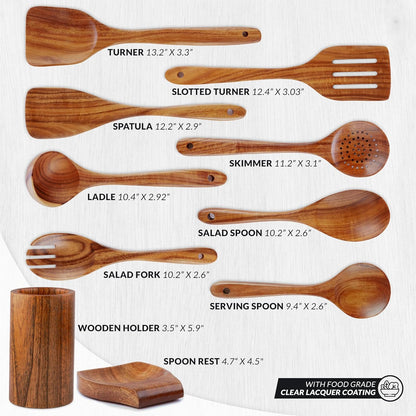 Zulay Kitchen 10-Piece Wooden Spoons for Cooking - Smooth Finish Teak Wooden Utensils for Cooking - Soft Comfort-Grip Wood Spoons for Cooking - Non-Stick Wooden Cooking Utensils - Wooden Spoon Sets