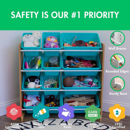 Humble Crew Kids Toy Storage Organizer with 12 Plastic Bins, Natural Wood/Aqua – Removable Bins for Playroom, Bedroom, Toddler Furniture for Boys and Girls Ages