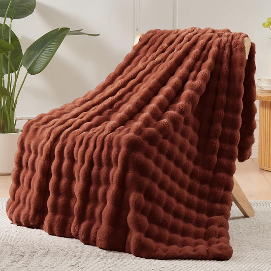 NEWCOSPLAY Faux Fur Throw Blanket Burnt Orange Bubble Blanket Thick Warm Soft for Couch Sofa Bed 550GSM (Burnt Orange, Throw(50"x60"))