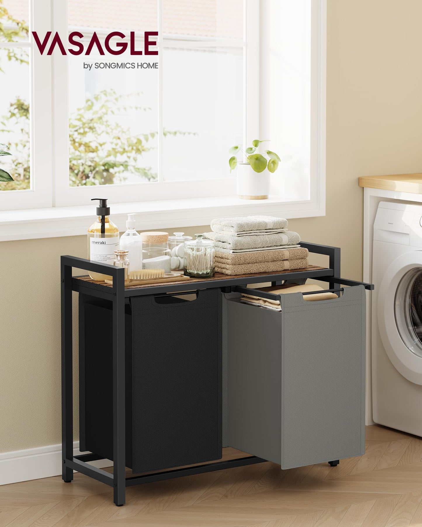 VASAGLE Laundry Hamper, Laundry Basket, Laundry Sorter with 2 Pull-Out and Removable Bags, Shelf