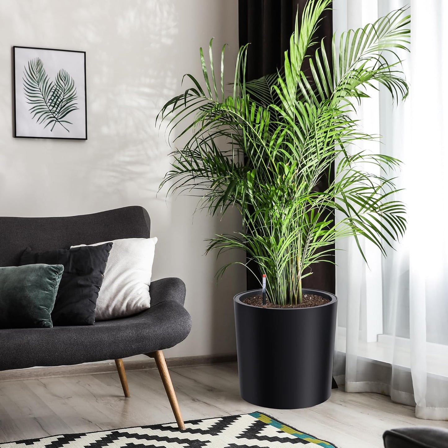 Tall Round Planter Set of 2, 20" Large Planter Pots with Built-in Drainage and a Water Level Monitor and Wheels for Patio, Porch, Living Room, or Home Office