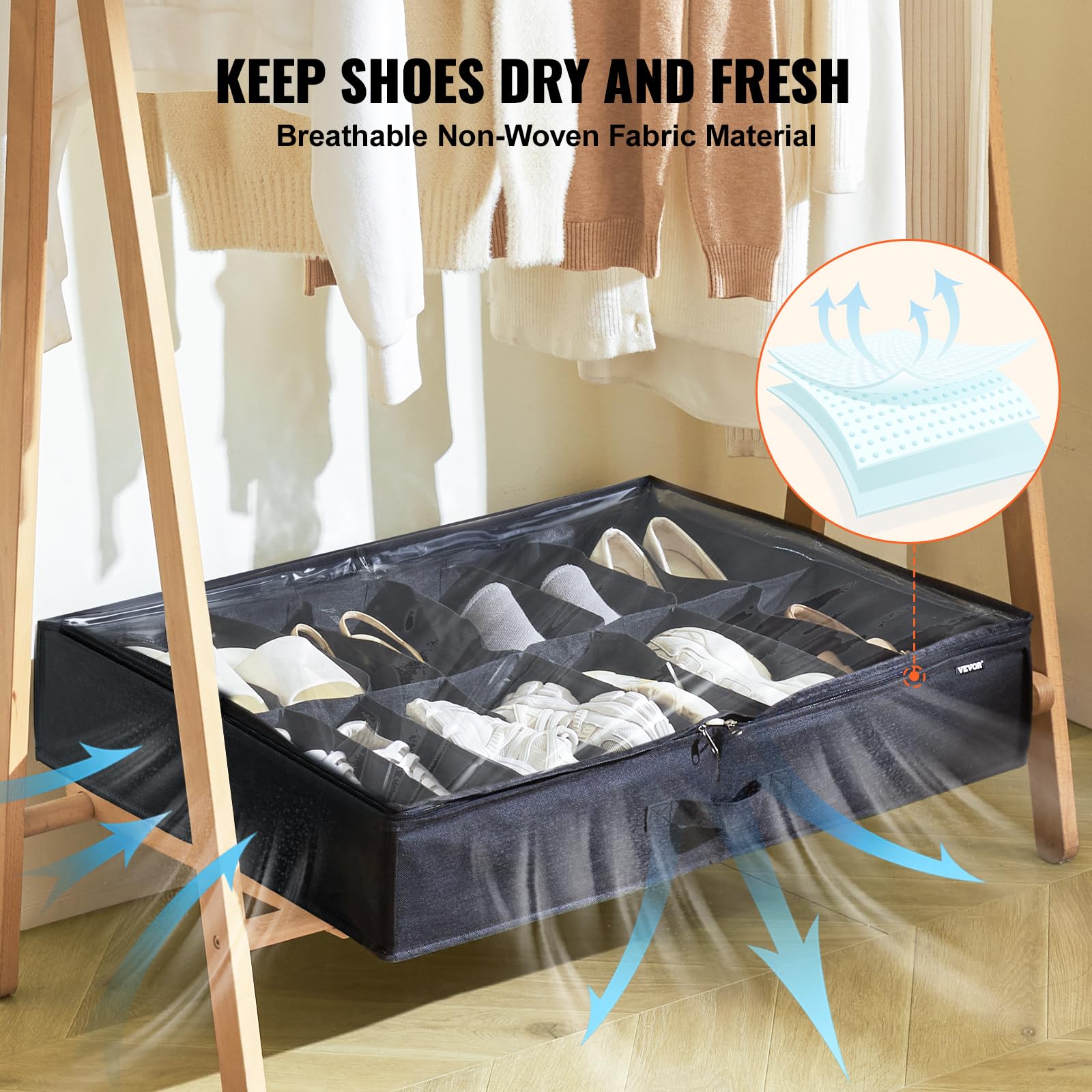 VEVOR Under Bed Shoe Storage Organizer, Set of 2, Total 32 Compartments, Underbed Shoes Closet