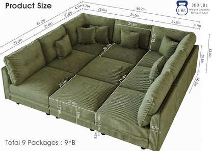 LLappuil Modular Sectional Sofa with Storage Seats, Corduroy Convertible Modular U Shaped Sectional Couch for Living Room, 9 Seat Oversized Sofa with 9 Back Cushion 9 Throw Pillow, Green