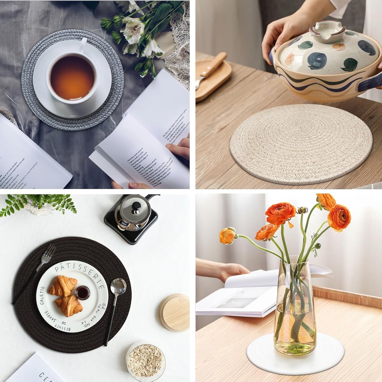 Round Placemats Set of 6, Cotton Rope Woven Table Mats, Hot Pads for Kitchen, Non Slip Heat Resistant Place Mats, 13 Inches Braided Placemat for Farmhouse Decor and Kitchen Table Decor (Brown)